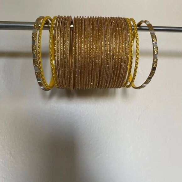Gold and Yellow glitter Mirror Work Bangles Festive Indian Jewelry haldi - Picture 14 of 16
